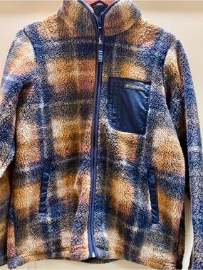 Columbia Plaid Sherpa Fleece Jacket - Navy, Brown, Cream